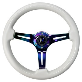 Hiracing 14inch Universal Classic Wood Grain Steering Wheel Chromed 3 Spoke 1.5inch Depth White Steering Wheel with Horn Button 6 bolts