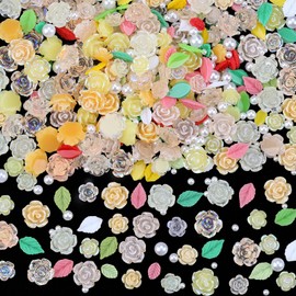 Sinyanail 3D Flower Nail Charms Set,150pcs Mixed Size Camellia Rose Resin Charms,150pcs Mixed Size and Color Leaves,100pcs Round White Pearl Beads for Nail Accessories Nail Art (7-Camellia Yellow)