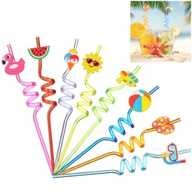 Curly Plastic Straw, Pack of 8 Plastic Straws, Curly Colourful Straws, Summer Hawaii Pool Party Straws, Reusable Drinking Straws, 8 Colours, for Birthday Parties