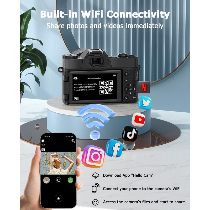 FLATIC Cameras for Photography, 6K 64MP Digital Camera with WiFi