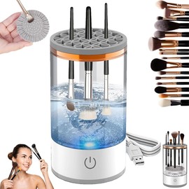Limpiador Eléctrico para Brochas de Maquillaje, Portátil Automático con Recipiente Transparente, para Múltiples Tamaños de Brocha de Maquillaje de Belleza, Limpieza Profunda, Secado Rápido, Blanco