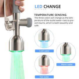 Fapully Commercial Kitchen Faucets with Pull Down Sprayer Brushed Nickel LED Single Handle Faucet for Kitchen Sink, Kitchen Faucet with Soap Dispenser and Deck Plack for 4 Hole