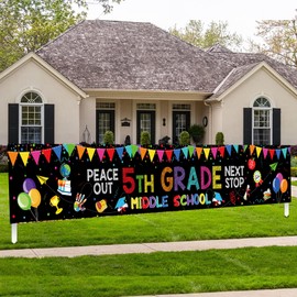 HABDJILTY 5th Graduation Banner Peace out Fifth Grade Graduation Yard Sign Banner, Large Next Station Middle School 10x1.6ft Garden Sign 5th Grade Party Decoration for Outdoor Classroom