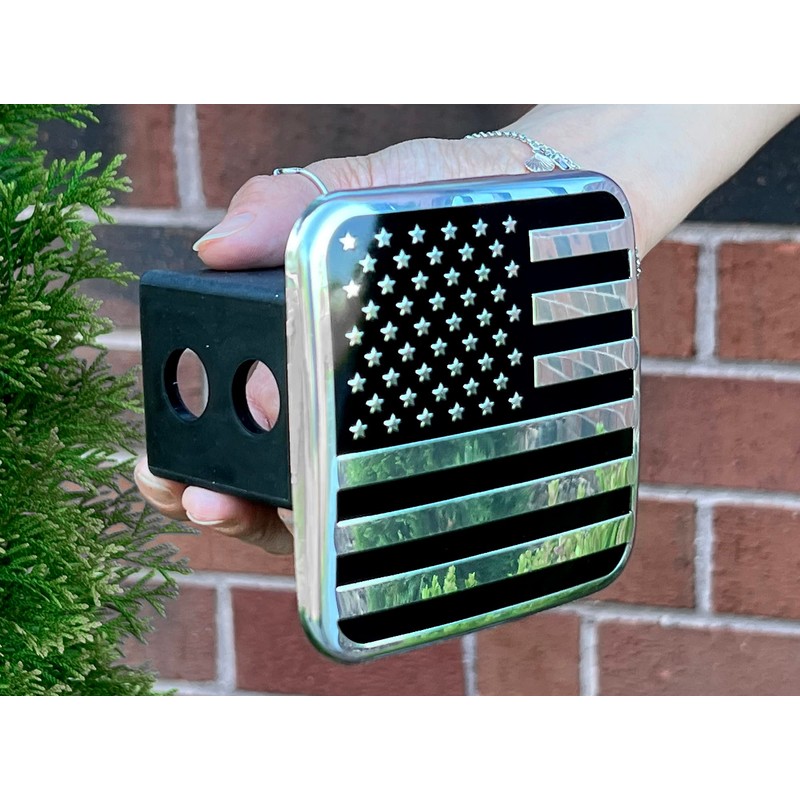 eVerHitch 2 Inch USA Black and Chrome Flag Hitch Cover