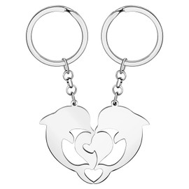 BAMAY Valentine's Day Stainless Steel Couple Dolphin Keychain Ocean Fish Car Key Chain Gifts for Women Girls Bag Charms (Silver Plated)