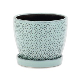 Napco Imports Trellis Embossed Ceramic Pot with Aqua Glaze for Indoor Plants Planter with Saucer, 6x6