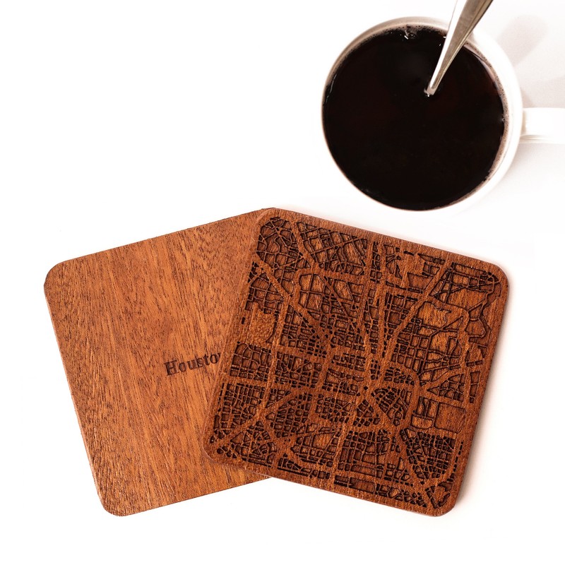 Houston Map Coaster, Set of 4, Sapele Wooden Coaster with