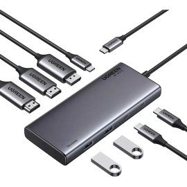 Hub Ugreen Revodok 4K 60 Hz Dp Hdmi USB-C 8 en 1 de triple pantalla, color gris oscuro
