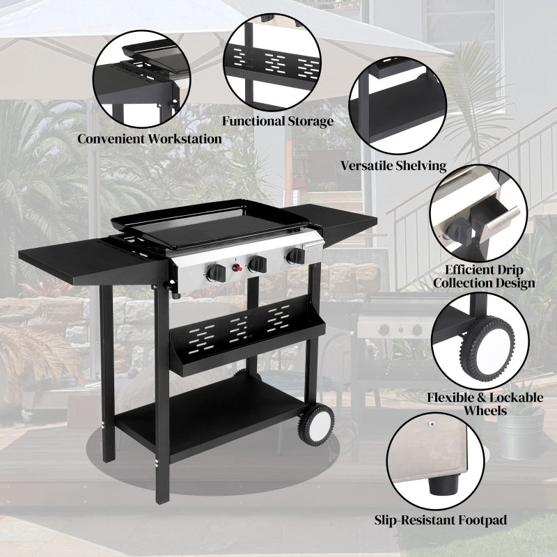 34" Outdoor Griddle Station with Side Shelf, 3 Burner Flat