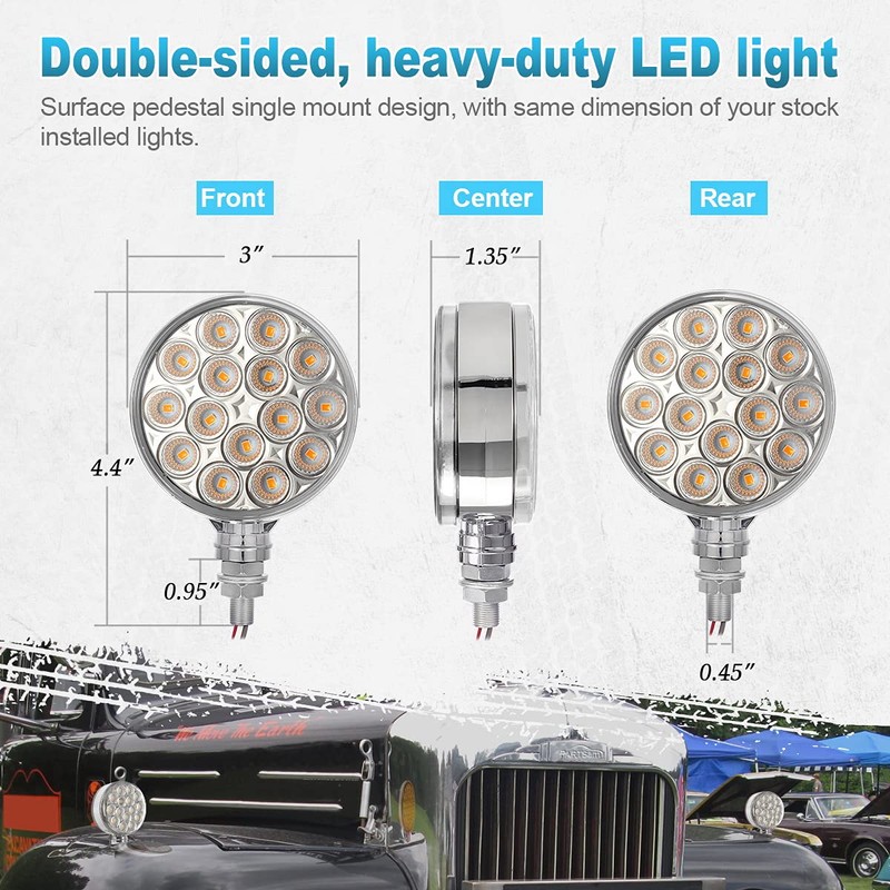 Partsam 2pc 3" Red/Amber Double Face Chrome Round Pedestal Lights