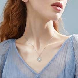 YAFEINI Lotus Necklace 925 Sterling Silver Moonstone Pendant Necklace Yoga Lotus Jewellery for Women, Sterling Silver, Moonstone