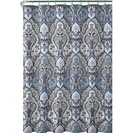 Calais Grey Blue Shower Curtain: Contemporary Floral Paisley Moroccan Damask Design