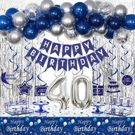 40th Birthday Decorations for Men, Blue and Silver 40th Birthday Party Decorations for Him, Happy Birthday Banner 40th Birthday Balloons Tablecloth Fringe Curtains Hanging Swirls Bday Party Supplies
