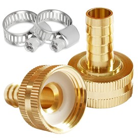 Uenede 2PCS Solid Brass 3/4" Barb x 3/4"GHT Female Garden Hose End Connector Splicer Mender Repair Fitting Include 2 Stainless Steel Clamps