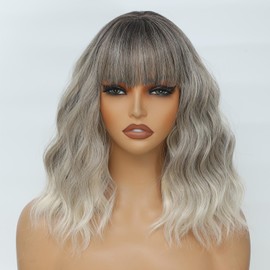 MINLEE Ombre Gray Wig with Bangs for Women 14 Inch Short Wavy Wigs