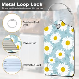 2Pack Luggage Tags for Suitcases, Cute Unique Pu Leather Cruise Luggage Tag with Privacy Cover ID Label Address Card and Metal Ring Suitable for Women Men Kids Travel Bag White Sunflower Flower