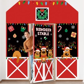 Newwiee 4 Pcs Christmas Deer Door Cover Set Christmas Elk Background Cloths Banner Wall Decoration Xmas Reindeer Stable Banner Decor for Wall Window Classroom Office Home Indoor Outdoor Party Supply