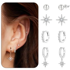 Senteria 4 Pairs Sterling Silver Stud Hoop Earrings Set, Comfortable Tiny Small Hoop Earrings Sterling Silver, 925 Silver Earrings Set Earring Sets for Multiple Piercing Gift for Women