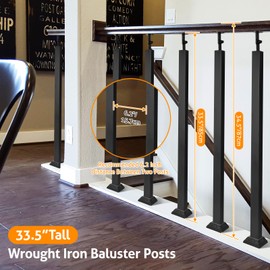 WICHEMI Indoor Stair Railing Kits, 33.5" Black Square Stair Baluster Posts, 4 Pack Iron Stair Post, 270° Adjustable Stair Railing Spindles for Deck, Steps, Balcony, Outdoor Indoor Stair Decor