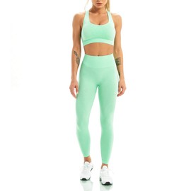 WodoWei - Conjunto de 2 piezas para mujer, brasier deportivo, sin costuras, leggings para yoga, gimnasio, ropa deportiva, verde, (Green Marl), M