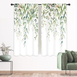 Riyidecor Sage Green Eucalyptus Leaves Curtains Rustic Flower Spring Floral Farmhouse Watercolor Plant Botanical Rod Pocket Country Nature Bedroom Living Room Treatment Fabric 2 Panels 42Wx63H Inch