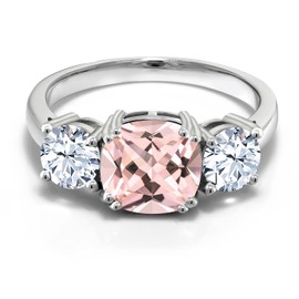 Gem Stone King 925 Sterling Silver Peach Nano Morganite and White Zirconia 3 Stone Engagement Ring For Women (3.50 Cttw, Gemstone October Birthstone, Cushion 8MM, Size 6)
