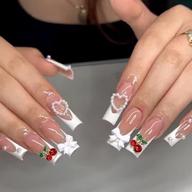 Hkanlre Nude Press on Nails Long Cherry Fake Nails Tips Full Cover False Square French Nails for Women and Girls 24PCS