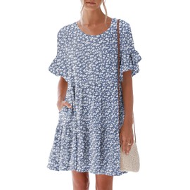 nclook Womens Summer Casual Dresses Sweet Cute Crew Neck Mini Dress with Pockets Ruffle Short Sleeve