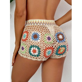 Verdusa Women's Crochet Bikini Swimsuit Cover Up Hollow Out Sheer Beach Shorts Multicolor Small