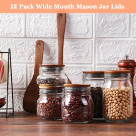 12Pack Wide Mouth Mason Jar Lids Acacia Wooden Storage Canning Jar Lids Ball Jars Bamboo Wooden Lids with Airtight Silicone Seal, Brown