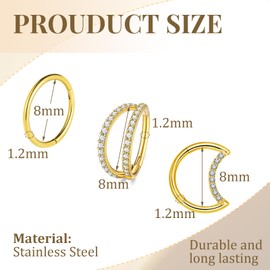 XSDSLS 3 Piece Nose Ring Stainless Steel Nose Ring Piercing Hoop Nose Ring Double Nose Ring 16G Septum Ring CZ Helix Conch Tragus Daith Piercing Ear Nose Piercing Set 8 mm, Stainless Steel, No