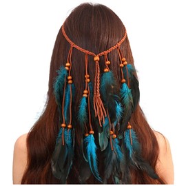 JKQBUX Boho Feather Headband Hippie Headpiece Black Gypsy Costume Headdress Indian Feather Headwear Hair Accessory for Women