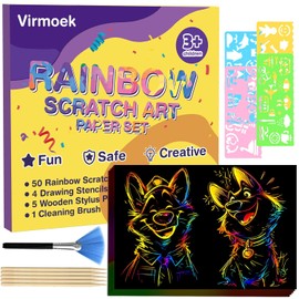 Virmoek 60 Pcs Scratch Art for Kids, Ages 3-8, Rainbow Scratch Paper Kit, Magic Scratch Off Art Craft Set, Mess-Free Kids Craft Supplies, Easter Basket Stuffers, Christmas Toys