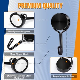 TRYMAG Strong Magnetic Hooks, 40LBS Black Neodymium Swivel Magnet Hooks for Hanging, Storage, 6 Pack Heavy Duty Magnetic Hooks for Cruise Cabins, Magnetic Metal Hanger for Refrigerator, Grill, Locker