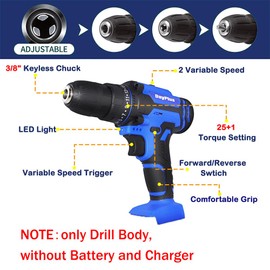 21V Cordless Drill Driver Body, 45 N.m Max Combi Drill Body, 25+1 Torque Power Drills, 3/8" Keyless Chuck, 2 Speed, not includes Battery and Charger
