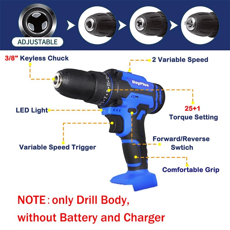 21V Cordless Drill Driver Body, 45 N.m Max Combi Drill