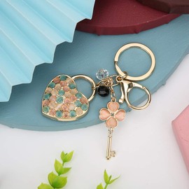 Key Chains Women Purse Charms for Handbags, Rhinestone Keyring Pendant Heart Four Leaf Clover Keychain for Women Girls Bag Charms Purse Charms