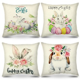 Meleager 4 x Easter Cushion Covers, Easter Decoration, Bunny Cushion Covers, Easter Eggs, Linen Decorative Cushion Covers, Home, Cushion Covers, 45 x 45 cm, for Sofa Bedroom