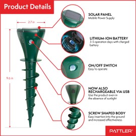 PATTLER® Mole Repellent USB-Chargeable Solar Powered | Screw-Shape Design | 8,000 Sq Ft Coverage | Best Snake Repellent for Yard, Great for Getting Rid of Moles and Voles | Gopher Repellent | 4 Units