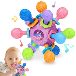 Baby Montessori Teething Toys, Food Grade Baby Rattle Chew Sensory Teething Toys, Newborn Infant Learning Developmental Toys Birthday Gifts for Boys Girls - Purple