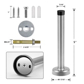 Door Stopper, 5 Inch Long Door Stop, Wall Mount, Brushed Nickel Heavy Duty Solid Rigid Doorstops Stainless Steel with Soft Rubber Bumper Tips