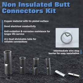 LEONTOOL Non-Insulated Butt Connector Kit Non-Insulated Butt Connectors 120pcs Heat Shrink Tubing 120pcs Seamless Non-Insulated Bat Wire Connectors Terminals 24-8AWG Cable Crimp Connectors Bare Crimp