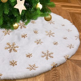 Small Christmas Tree Skirt Gold 24 inches White Faux Fur Tree Skirt for Christmas Holiday Decorations Sequin Snowflakes Ornaments Xmas Plush Tree Skirts