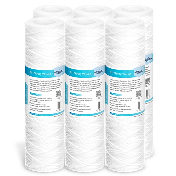 Membrane Solutions 5 Micron 10"x2.5" String Wound Whole House Water Filter Replacement Cartridge Universal Sediment Filters for Well Water - 6 Pack
