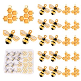 BENBO 20 Pcs Alloy Enamel Bee Beads Sets, Rhinestone Honeycomb Pendants Honeybee for Craft Charms Bumble Bee Shape Charm Embellishments with Box for Earring Necklace DIY Jewelry Making