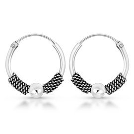 AeraVida Ball Beaded and Rope Tribal Balinese 14mm Sterling Silver Hoop Earrings | Classic Sterling Silver Huggies Earrings | Vintage Earrings for Women | Small Bali Hoop Earrings Set