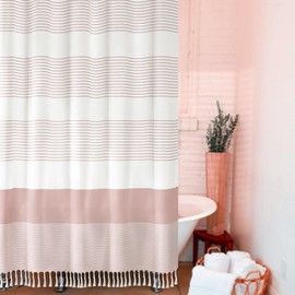 Awellife Boho Pink Shower Curtain for Bathroom Stripe Tassel Shower Curtain 72 X 72 Inches Farmhouse Linen Girls Coral