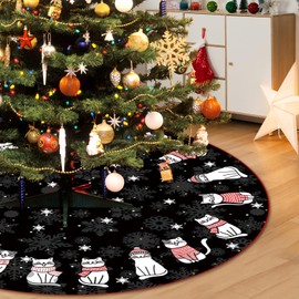 Large Christmas Tree Skirt, 122 cm Christmas Tree Skirt, Christmas Tree Skirt, Black Cat Christmas Tree Skirt, Christmas Tree Blanket Round for Merry Christmas Party Blanket Decorations