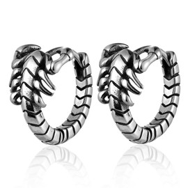 BIYONGDE Mens Womens Stainless Steel Vintage Scorpion Hoop Earrings, Antique Silver Color Gothic Huggie Hoops, Unisex,Punk Rock Style