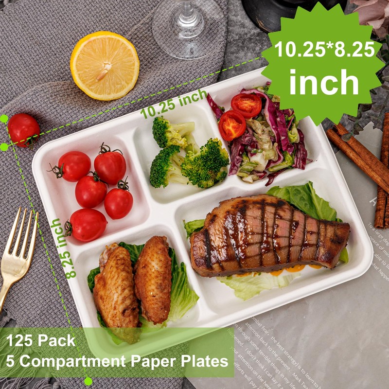 100% Compostable 5 Compartment Paper Plates, 125 Pack Heavy Duty